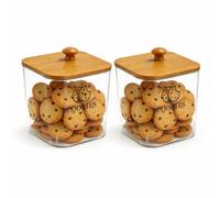 2 Pack Biscuit Tin with Wooden Lid, 2L Plastic Cookie Jar for Kitchen, Airtight Biscuit Barrel with Wide Mouth, Sweet Jars for Candy Buffet, Food Storage Container for Biscuits and Snacks, BPA-Free