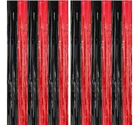 2 Pack Black and Red Party Decorations 3.28 x 6.56 Ft Tinsel Foil Fringe Curtains, Photo Booth Prop Backdrop Streamer,Casino Halloween Xmas Holiday Party Decor
