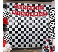 2 Pack Black and White Checkered Backdrop,Racing Car Foil Fringe Curtains Birthday Decorations with Metallic Fringe,Speedway Photo Booth & Entrance Decor for Race Car One Happy Dude Birthday Party