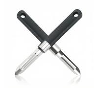 2 Pack Black Vegetable Peelers Swivel Stainless Steel for Potato Carrot | Two stainless steel swivel peelers with a pointed tip for potato eyes, non slip handles and a hanging hole for kitchen hooks