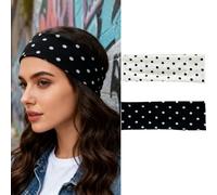 2 Pack Black White Headband Set, Polka Dot Elastic Headbands Cute Hair Accessories Non Slip Fashion Head Bands Retro Design Head Wraps Soft Wide Headband for Women Hair Styling Supplies (Style 1)