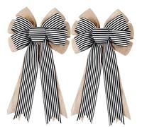 2 Pack Black White Stripe Burlap Fall Bows for Wreaths Decorations,Rustic Farmhouse Crafts Bow Wrapping Tree Topper Wedding Holiday Birthday Party Wall Home Front Door
