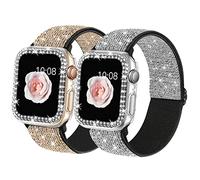 2 Pack Bling Stretchy Watch Bands Compatible with Apple Watch Band 40mm 41mm 44mm 45mm iWatch Series 7 6 5 4 SE, Adjustable Nylon Wristband with Shiny Case for Women Girls(GS-40mm)