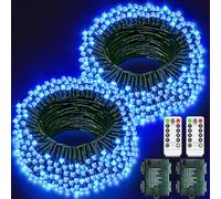 2 Pack Blue Fairy Lights Battery Total 20M 200LED Christmas Lights Outdoor | 8 Modes Timer Memory Dimmable IP44 Waterproof Remote Control Green Wire String Lights for Outside Garden Yard Decorations