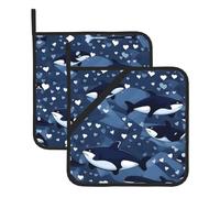 2 Pack Blue Killer Whale Square Pot Holders with Hanging Loop, Heat Resistant Oven Mitts Pads for Kitchen Microwave Grilling, Hanging Hot Handle Trivet Set