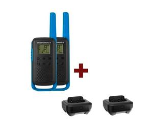 2 Pack Blue Motorola T62 + 2 Charging Docks Pair of free use walkie talkies ideal for outdoor activities + 2 charging docks