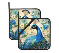 2 Pack Blue peacock standing among flowers Square Pot Holders with Hanging Loop, Heat Resistant Oven Mitts Pads for Kitchen Microwave Grilling, Hanging Hot Handle Trivet Set