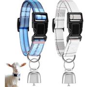 2 Pack Bohemia Blue and White Checkered Stripes Goat Collar with Grazing Copper Bell and Adjustable Nylon Collar Goat Supplies for Spring Summer Herding, Farm Animal Horse Sheep Cow Pet Accessories