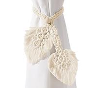 2 Pack Boho Curtain Tiebacks,Hand Knitting Cotton Curtain Holdbacks with Adjustable Natural Wooden Bead,Double Leaves Farmhouse Theme Curtain Tie Backs, for Indoor Outdoor Drapes Decorative,(Beige)