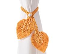 2 Pack Boho Curtain Tiebacks,Hand Knitting Cotton Curtain Holdbacks with Adjustable Natural Wooden Bead,Double Leaves Farmhouse Theme Curtain Tie Backs, for Indoor Outdoor Drapes Decorative,(Orange)