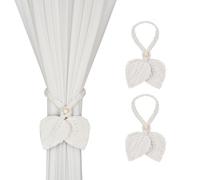 2 Pack Boho Curtain Tiebacks,Hand Knitting Cotton Curtain Holdbacks with Adjustable Natural Wooden Bead,Double Leaves Farmhouse Theme Curtain Tie Backs, for Indoor Outdoor Drapes Decorative,(Beige)