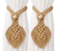 2 Pack Boho Leaf Tassel Curtain Tiebacks, Hand Knitting Cotton Curtain Holdbacks，Crochet Cotton Rope Wall Hanging Decoration, Bohemian Home Decor， for Indoor Outdoor Drapes Decoration (Warm Brown)