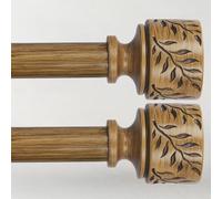 2 Pack Boho Wood Curtain Rods for Windows 28 to 48 Inch, 1" Adjustable Heavy Duty Curtain Rod with Imitation Wooden Grain Leaf Pattern Finials, Rustic Decorative Drapery Rods, Size 32"-60", Dark Wood