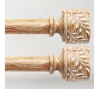 2 Pack Boho Wood Curtain Rods for Windows 66 to 120 Inch, 1" Diameter Adjustable Decorative Curtain Rod with Imitation Wooden Grain Leaf Pattern Finials, Rustic Heavy Duty Drapery Rods, Size 32"-120"