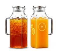 2-Pack Borosilicate Glass Pitchers 2L/68oz - Heat Resistant Square Carafe with Lid, Handle & Spout | for Iced Tea, Coffee, Milk, Juice & Cold/Hot Beverages (Fridge Safe)