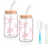2-Pack Bow Cup, 480ML Glass Cups with Lids and Straw, Beer Can Tumbler Glasses Iced Coffee Cup for Milk, Cocktail, Coke, Soda, Matcha,Smoothie Mug, Elegant Gift