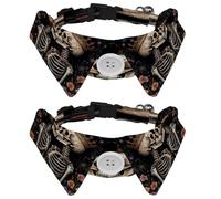 2 Pack Bowtie Dog Collar with Bell, Detachable and Adjustable Bow Tie Collar for Small Pet, Skeletons Lover Floral