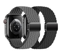 2 Pack Braided Solo Loop Band Compatible with Apple Watch Band 40mm 41mm 38mm 45mm 44mm 42mm Ultra 49mm, Magnetic Stretchy Nylon Strap for iWatch Series 8 7 6 5 4 3 2 SE Men/Women, A2-Black/Black-Grey