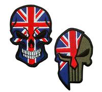 2 Pack Britain UK Flag with Skull Embroidered Tactical Patches Morale Combat Paintball Badge Armband Emblem Applique with Hook and Loop Baking for Backpack Uniform Vest Jacket-3.54x2.36 inch
