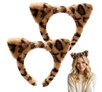 2 Pack Brown Leopard Cat Ears Headband for Women, Soft Cloth Leopard Print Headband, Cute Plush Hair Hoop Hair Accessories for Daily Face Wash, Makeup, Party, Cosplay and Photography