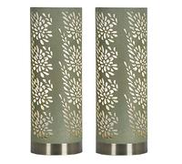 2 Pack - Brushed Brass & Sage Green Suede Floral Etched Cylinder Shade Touch Table Desk Lamp | 1 x E14 SES Dimmable Lamp Bulb Required (Not Included) | 3 Position & Off Touch Control