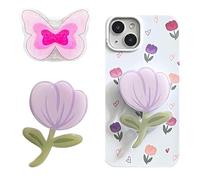 2-Pack Butterfly & Tulip Phone Grip - Cute Collapsible Stand for Kindle, Pink Mobile Holder for Smartphone and Tablet Accessory