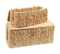 2 Pack Cable Tidy Box,Natural Water Hyacinth Handmade for Home & Office Use | Dual Side Openings Cable Management Box with Bamboo Lid & Under Desk Cables Organiser for Power Strips,TV Wires,& Cord Tidy