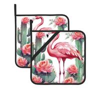 2 Pack Cactus Flamingo Rose Flowers Pot Holders for Kitchen Heat Resistant Pot Holders with Pocket Oven Potholders Washable Hot Pads for Cooking Baking Oven Pans Trivet 8x8 Inches