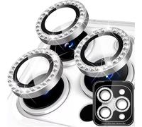 2 Pack Camera Lens Protector for iPhone 15 Pro Max,[1 Step Installation Tray] Individual Metal Ring Bling Diamond Cover with 9H Tempered Glass Camera Lens Protector (Diamond-Silver, 15 Pro/15 Pro Max)