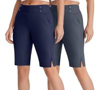 2 Pack Capri Leggings Womens High Waisted Tummy Control Solid Gym Leggings Elastic Opaque Sports Short with Pockets Stretch Bermuda Pants Knee Length Shorts Yoga Gym Workout Golf Wide Casual Shorts
