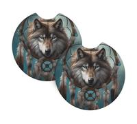 2 Pack Car Coaster for Cup Holders 3D Wolf Dream Catcher Car Cup Coaster 2.7" Neoprene Non-Slip Automotive Cup Mat Universal Auto Car Interior Accessories for Women Men Cup Pad