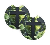 2 Pack Car Coaster for Cup Holders Black Cross Among Green Flowers Car Cup Coaster 2.7" Neoprene Non-Slip Automotive Cup Mat Universal Auto Car Interior Accessories for Women Men Cup Pad