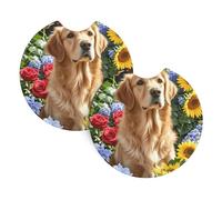 2 Pack Car Coaster for Cup Holders Golden Retriever and Flowers Car Cup Coaster 2.7" Neoprene Non-Slip Automotive Cup Mat Universal Auto Car Interior Accessories for Women Men Cup Pad