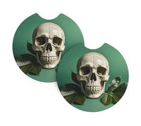 2 Pack Car Coaster for Cup Holders Green Background Skull and Leaves Car Cup Coaster 2.7" Neoprene Non-Slip Automotive Cup Mat Universal Auto Car Interior Accessories for Women Men Cup Pad