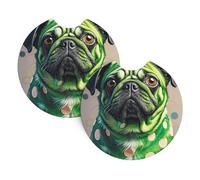 2 Pack Car Coaster for Cup Holders Green Polka Dot Pug Car Cup Coaster 2.7" Neoprene Non-Slip Automotive Cup Mat Universal Auto Car Interior Accessories for Women Men Cup Pad