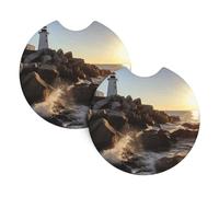 2 Pack Car Coaster for Cup Holders Lighthouse Rocks Seaside Car Cup Coaster 2.7" Neoprene Non-Slip Automotive Cup Mat Universal Auto Car Interior Accessories for Women Men Cup Pad