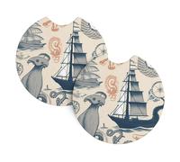 2 Pack Car Coaster for Cup Holders Lighthouse Sailboat Fish Shells Octopus Car Cup Coaster 2.7" Neoprene Non-Slip Automotive Cup Mat Universal Auto Car Interior Accessories for Women Men Cup Pad
