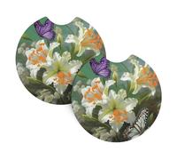 2 Pack Car Coaster for Cup Holders Lilies and Butterfly Car Cup Coaster 2.7" Neoprene Non-Slip Automotive Cup Mat Universal Auto Car Interior Accessories for Women Men Cup Pad