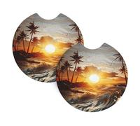 2 Pack Car Coaster for Cup Holders Palm Trees Ocean Waves Sunset Car Cup Coaster 2.7" Neoprene Non-Slip Automotive Cup Mat Universal Auto Car Interior Accessories for Women Men Cup Pad