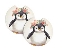 2 Pack Car Coaster for Cup Holders Penguin Wearing Flowers Car Cup Coaster 2.7" Neoprene Non-Slip Automotive Cup Mat Universal Auto Car Interior Accessories for Women Men Cup Pad