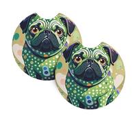 2 Pack Car Coaster for Cup Holders Pug Green Polka Dot Car Cup Coaster 2.7" Neoprene Non-Slip Automotive Cup Mat Universal Auto Car Interior Accessories for Women Men Cup Pad