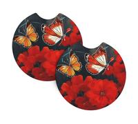 2 Pack Car Coaster for Cup Holders Red Flowers and Butterflies Car Cup Coaster 2.7" Neoprene Non-Slip Automotive Cup Mat Universal Auto Car Interior Accessories for Women Men Cup Pad