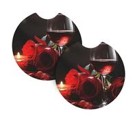 2 Pack Car Coaster for Cup Holders Red Rose Wine Glass and Candle Car Cup Coaster 2.7" Neoprene Non-Slip Automotive Cup Mat Universal Auto Car Interior Accessories for Women Men Cup Pad