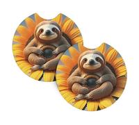2 Pack Car Coaster for Cup Holders Sloth Sitting on Sunflower Car Cup Coaster 2.7" Neoprene Non-Slip Automotive Cup Mat Universal Auto Car Interior Accessories for Women Men Cup Pad