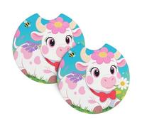 2 Pack Car Coaster for Cup Holders Spring Cute Flower Cow Car Cup Coaster 2.7" Neoprene Non-Slip Automotive Cup Mat Universal Auto Car Interior Accessories for Women Men Cup Pad