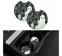 2 Pack Car Coaster for Cup Holders White Patterned Ghost Car Cup Coaster 2.7" Neoprene Non-Slip Automotive Cup Mat Universal Auto Car Interior Accessories for Women Men