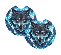 2 Pack Car Coaster for Cup Holders Wolf Head in Blue Flames Car Cup Coaster 2.7" Neoprene Non-Slip Automotive Cup Mat Universal Auto Car Interior Accessories for Women Men Cup Pad