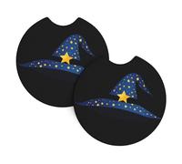 2-Pack Car Coasters WHJSSF Witch Hat with Star Pattern Picture Auto Accessories Spill-Resistant Quick-Drying Suitable for Cars Trucks, and Boats