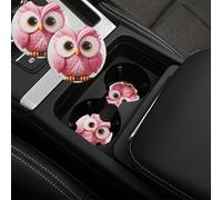 2 Pack Car Cup Holder Coasters with Finger Notch, A Pink Owl Car Coaster 2.7 Inch Universal Auto Insert Coaster Absorbent Anti Slip Auto Cup Mat Interior Accessories for Women Men