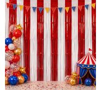 2 Pack Carnival Circus Theme Red and White Foil Fringe Curtain Backdrop | Carnival Circus Party Decorations Metallic Tinsel Photo Booth Streamers for Carnival Birthday Decor